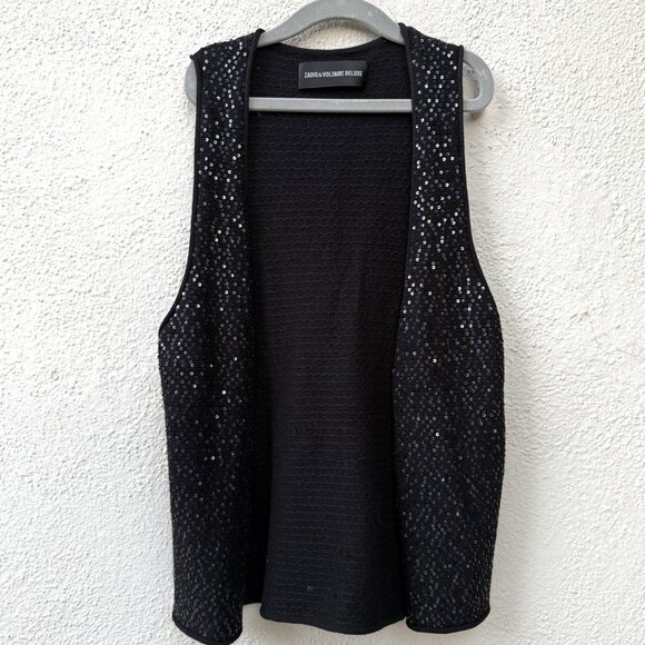 Zadig & Voltaire Dublin Deluxe Size S Black Sequined Vest Open Front Cotton - Picture 1 of 8